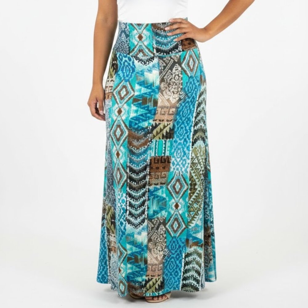 Wet Seal Maxi Skirt XL Teal Brown Geometric Tribal Print Rayon Spandex Stretch